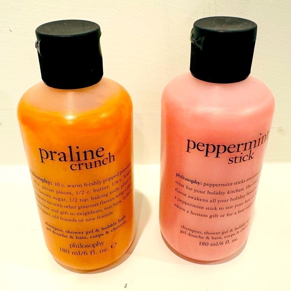 New/Sealed - Two Philosophy 6oz Shower Gel Peppermint Stick and Praline Crunch